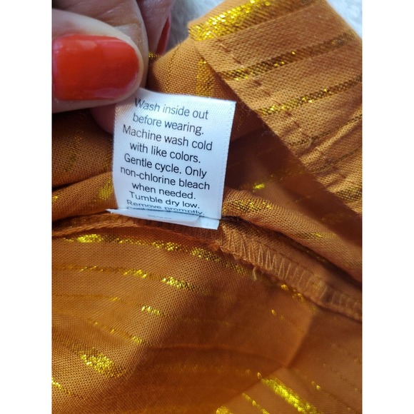 LC Lauren‎ Conrad Blouse Top Womens Medium Orange Gold Striped V Neck Drawstring - Picture 8 of 8